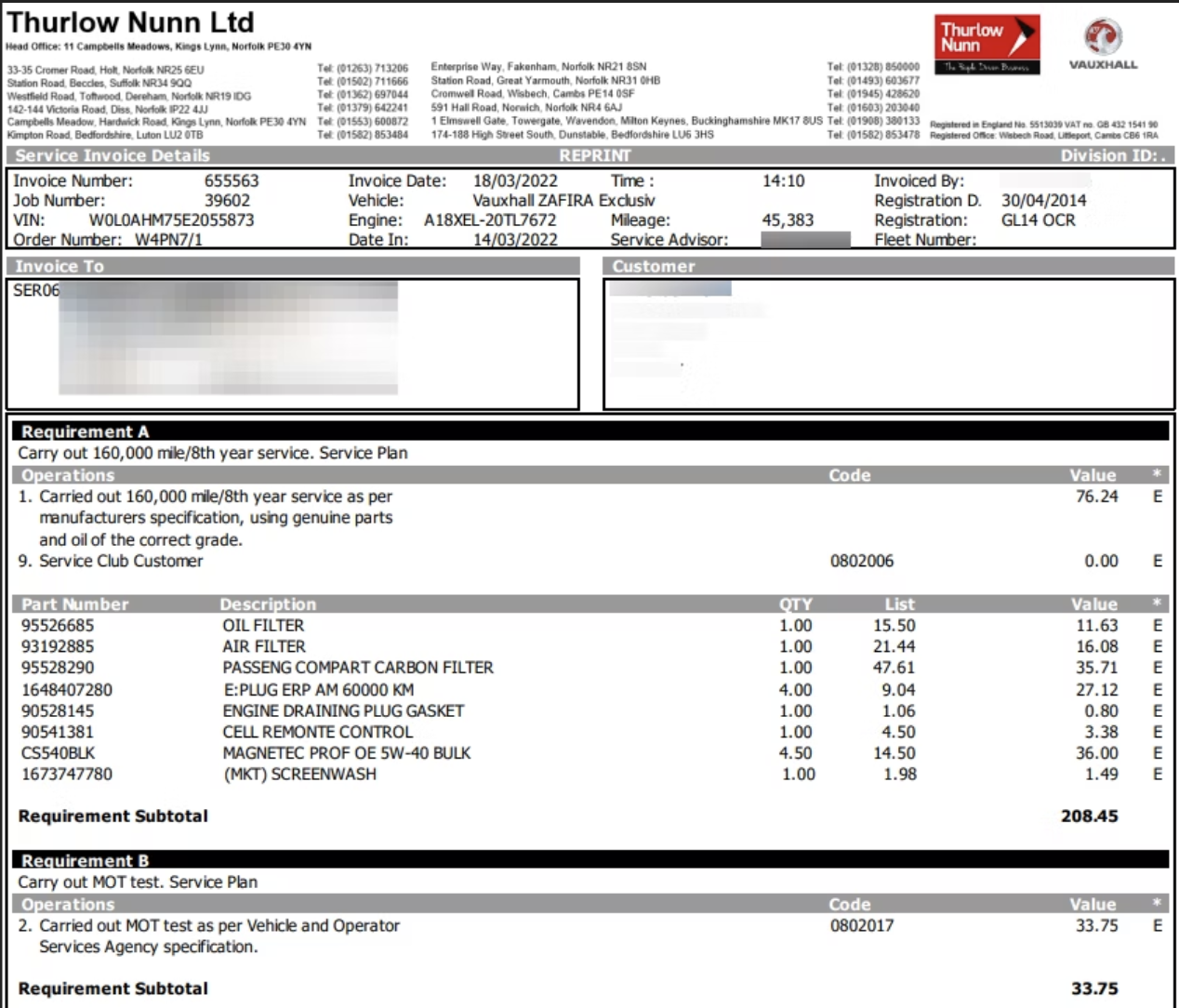 Vauxhall Zafira 1.8 16V Exclusiv MPV 5dr Petrol Manual Euro 5 (120 ps)