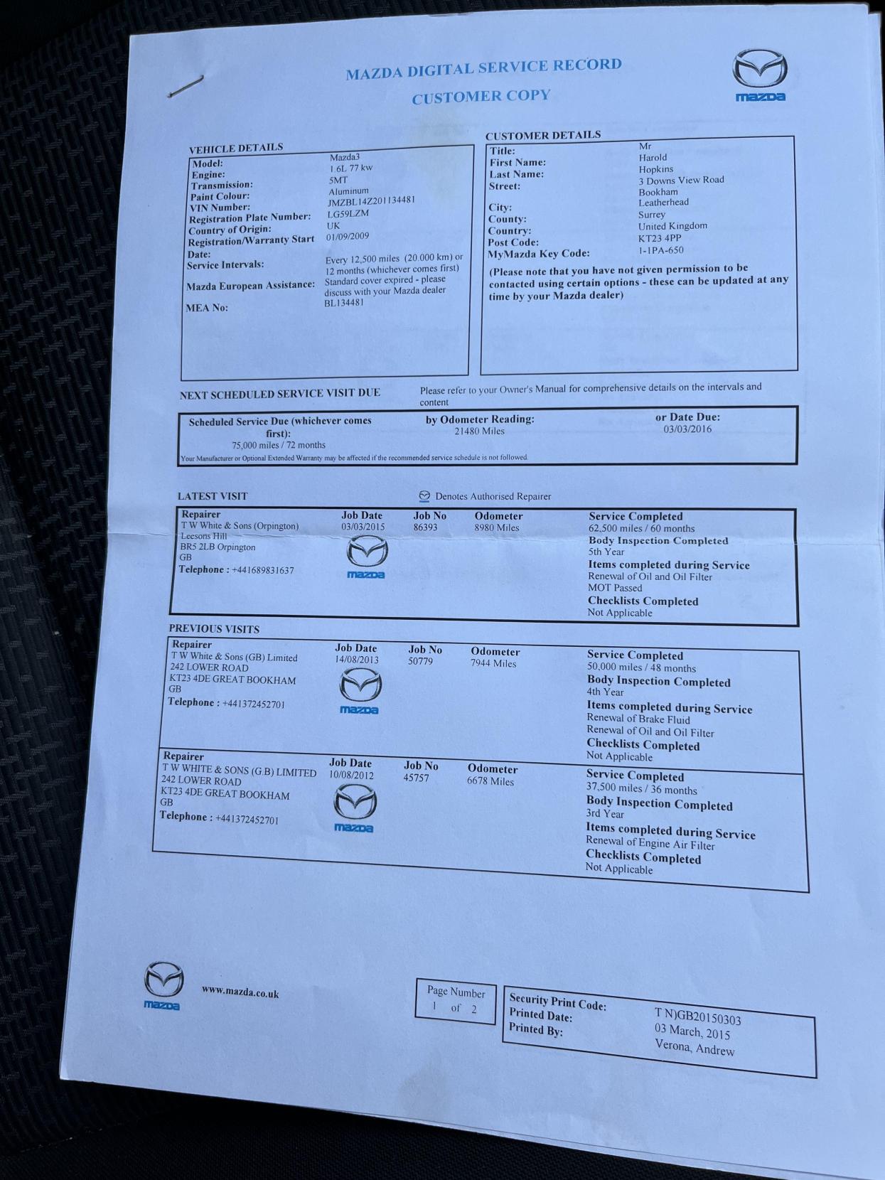 Mazda Mazda3 1.6 TS Hatchback 5dr Petrol Manual Euro 4 (105 ps)